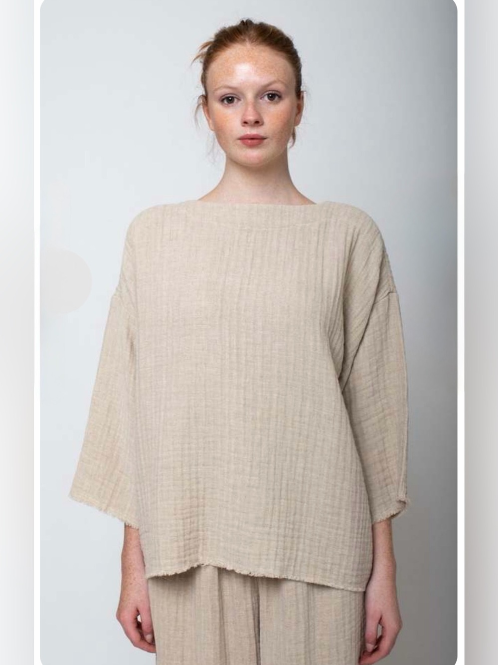 Black Crane Relaxed Textured Boatneck Pullover Top in Natural Beige 3/4 sleeve
